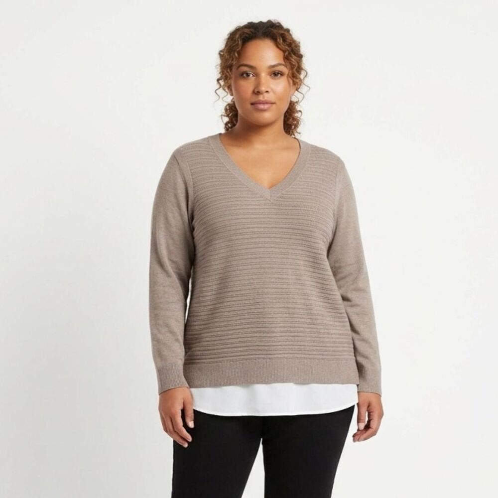 Hilary‎ Radley Plus Size 2X Taupe Layered V-Neck Sweater Mock Shirt Hem
